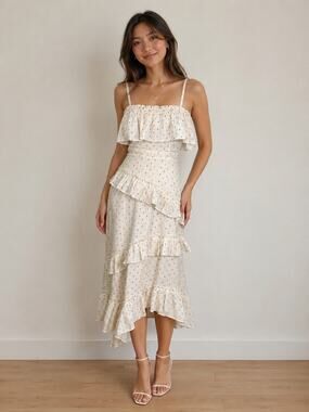 NWT Red Carter Ruffled Midi Dress Women's Small Ivory Asymmetrical Hem Cottage
